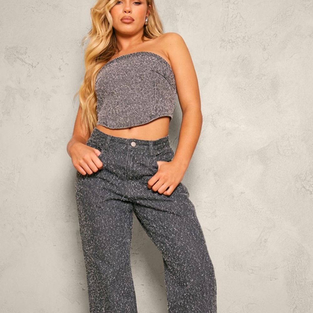 PrettyLittleThing PLT Crop Top 6 Grey Bobble Denim Corset Texturized New $50